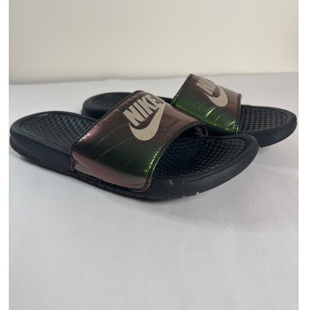 Nike Womens Benassi JDI Slides 6 Iridescent Green Black Logo Slip On Sandals - Picture 3 of 8